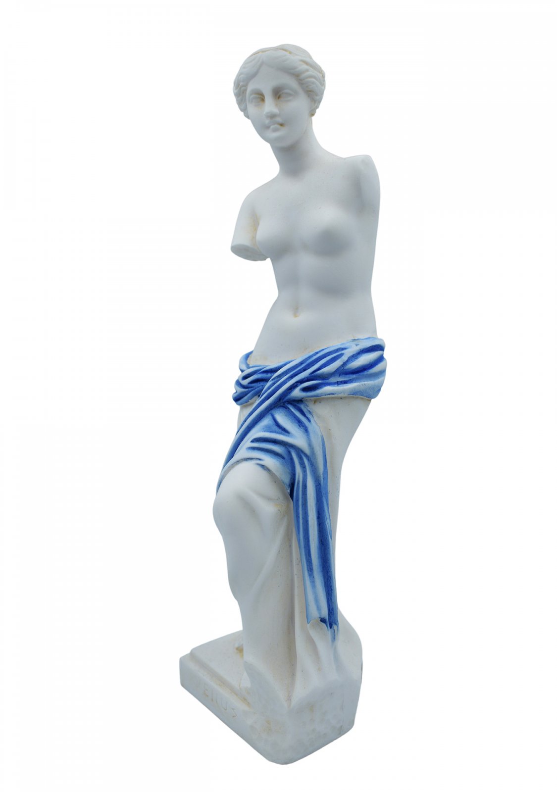 Aphrodite of Milos (Venus de Milo) greek alabaster statue with blue color and golden details