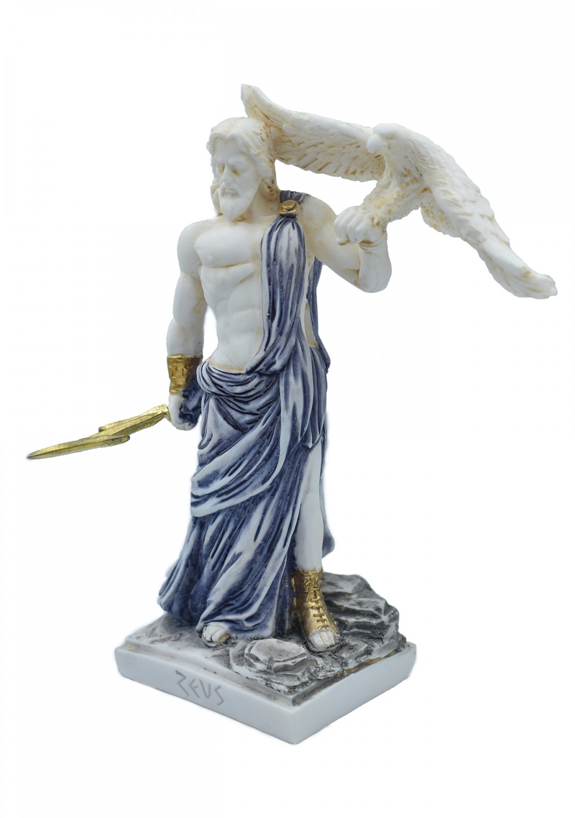 Zeus, the Father of Gods, greek alabaster statue with blue color and patina