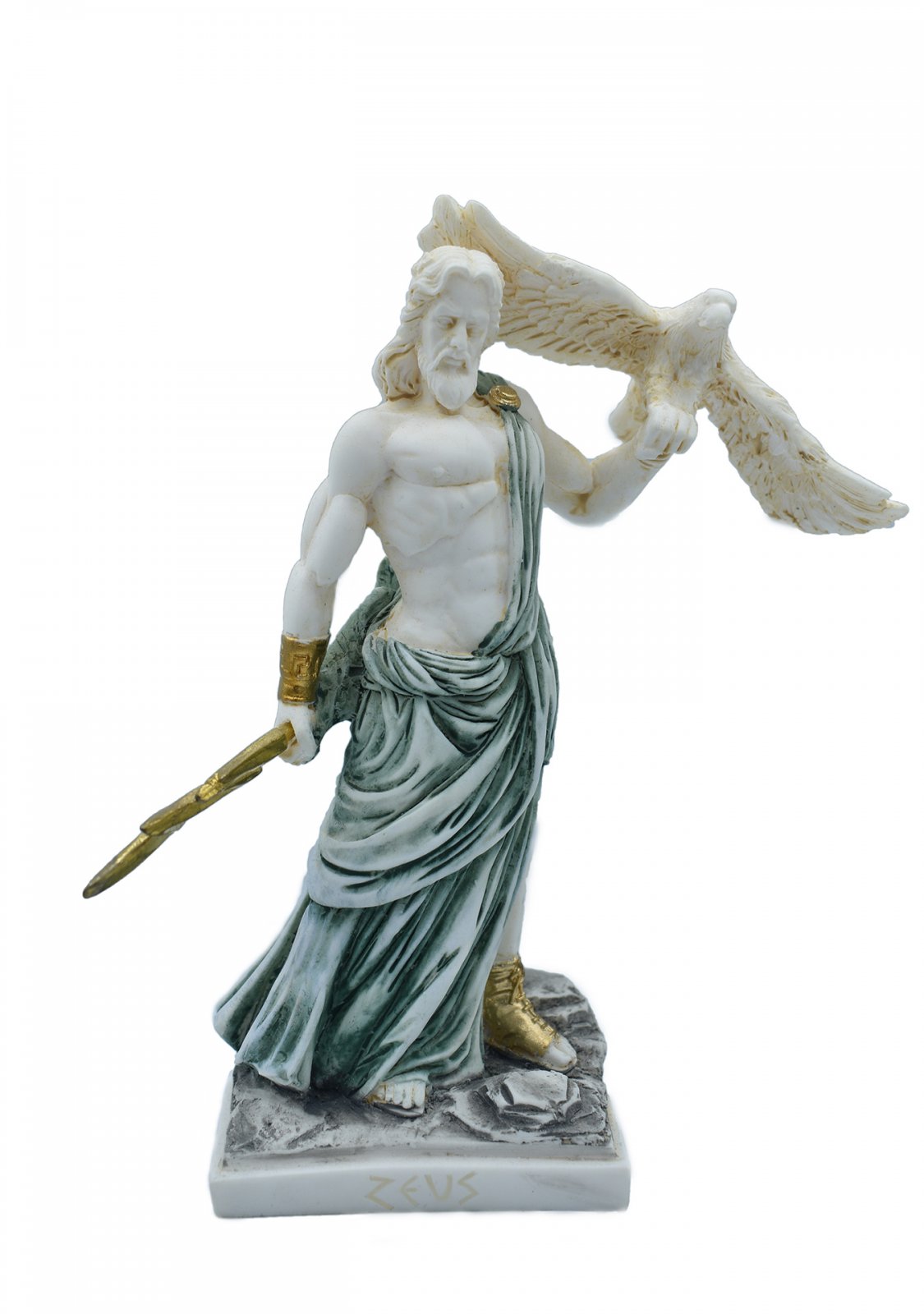 Zeus, the Father of Gods, greek alabaster statue with green color and patina