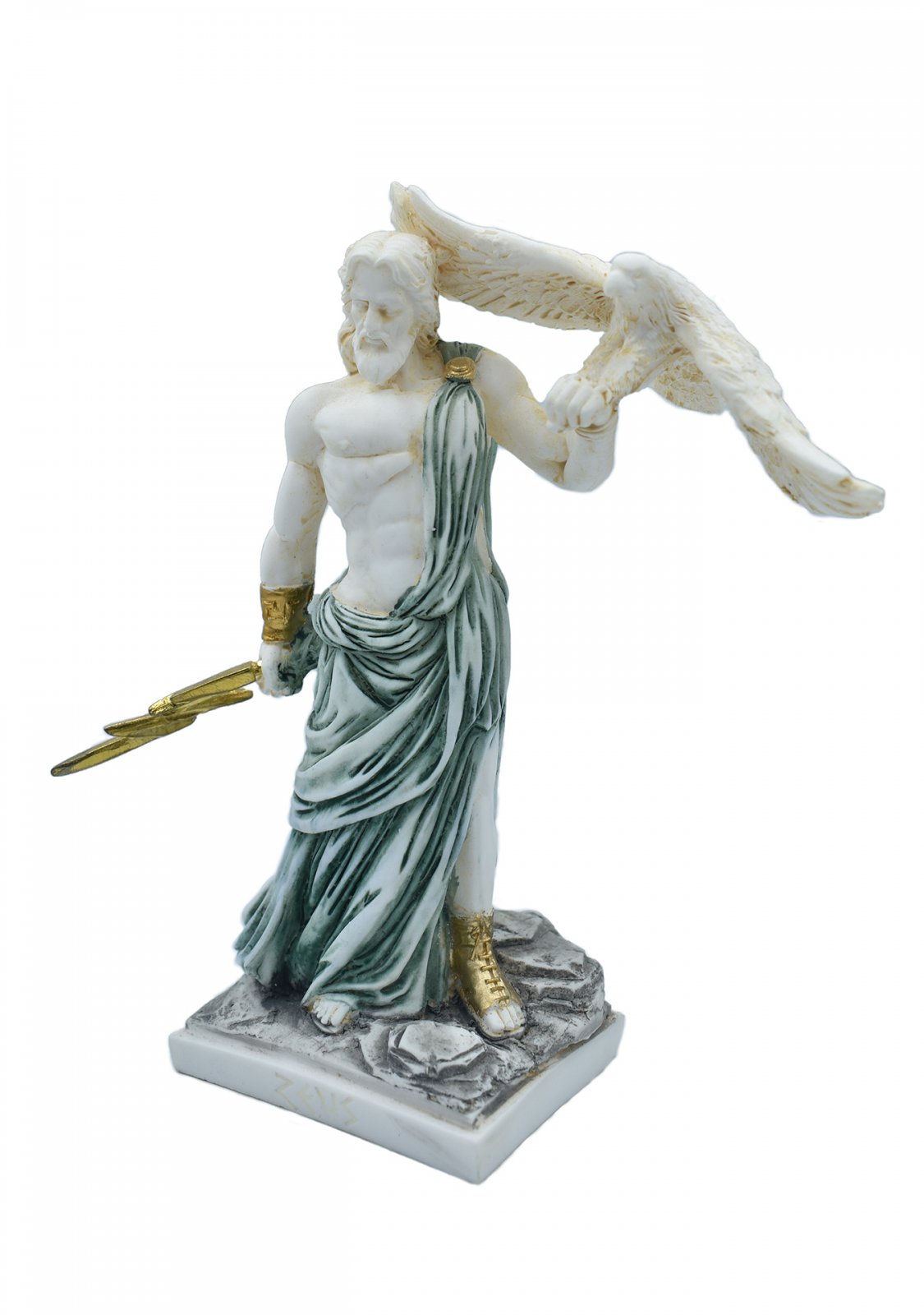 Zeus, the Father of Gods, greek alabaster statue with green color and patina